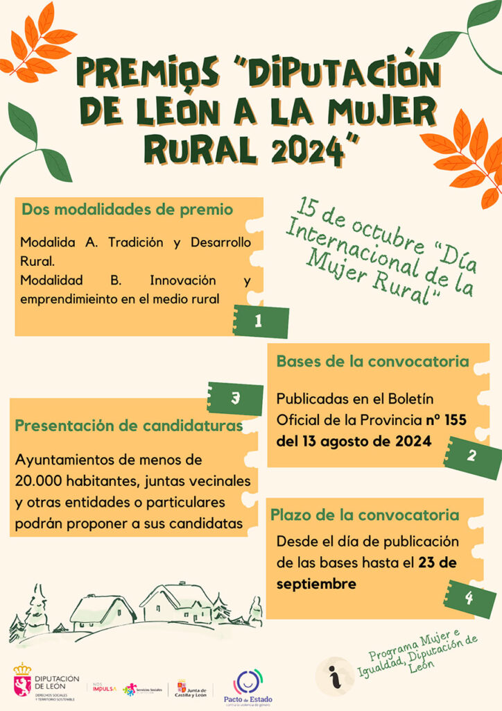 · Ayuntamientos, juntas vecinales, asociaciones o particulares pueden enviar sus propuestas hasta el próximo 23 de septiembre para los apartados de ‘Tradición y desarrollo rural’ e ‘Innovación y emprendimiento en el medio rural’. La Diputación de León convoca un año más el premio Mujer Rural correspondiente a 2024, cuyas bases para la presentación de propuestas se han publicado este martes en el Boletín Oficial de la provincia (BOP), junto con el documento a cumplimentar para presentar a las candidatas. Al igual que el año pasado, el galardón tendrá dos modalidades: “Tradición y desarrollo rural” e “Innovación y emprendimiento en el medio rural”. El objetivo de esta distinción es reconocer el esfuerzo, la dedicación y el espíritu emprendedor de las mujeres. La entrega de premios tendrá lugar el 15 de octubre, coincidiendo con el Día Internacional de las Mujeres Rurales, en el municipio de en el municipio de Cubillas de Rueda, de donde es Paula Fernández Fernández una de las distinguidas en 2023. Así, todos los ayuntamientos de menos de 20.000 habitantes, juntas vecinales y otras entidades o personas particulares podrán presentar sus candidaturas hasta el 23 de septiembre de 2024. Cada entidad podrá nominar un máximo de tres mujeres en cada una de las dos modalidades disponibles, y la candidatura deberá ir acompañada de una memoria que describa y respalde su trayectoria y logros. Las candidatas, quienes pueden ser propuestas tanto en vida como a título póstumo, serán seleccionadas por un jurado compuesto por la diputada del área, cuatro vocales representando a los grupos políticos presentes en la Diputación, tres representantes de asociaciones de mujeres rurales de la provincia, un vocal designado por el municipio anfitrión del evento y una persona que ejercerá como secretaria del jurado, sin derecho a voto. La decisión se basará en los criterios establecidos en las bases, los cuales valoran la trayectoria personal y profesional de las candidatas en el entorno rural, así como su espíritu emprendedor y su vinculación con su tierra natal. Respecto a las dos modalidades, con el premio ‚Tradición y desarrollo rural’ se quiere reconocer “la trayectoria personal y laboral de las mujeres rurales en la provincia leonesa, su esfuerzo y sacrificio ligado a actividades del sector primario, utilización y aprovechamiento de recursos locales y aspectos tradicionales de la actividad agraria, ganadera, pesquera, minera o forestal”. Por otro lado, la categoría “Innovación y emprendimiento en el medio rural’ pretende resaltar “a la mujer que haya emprendido de forma original, creativa e innovadora en cualquier sector de las actividades económicas, dentro del medio rural de forma que se promueva el emprendimiento femenino y la generación de empleo a eliminar la brecha de género”. 